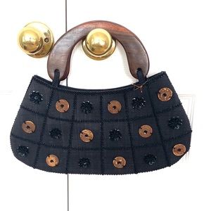 Handmade Black sequin Handbag purse wooden handle
